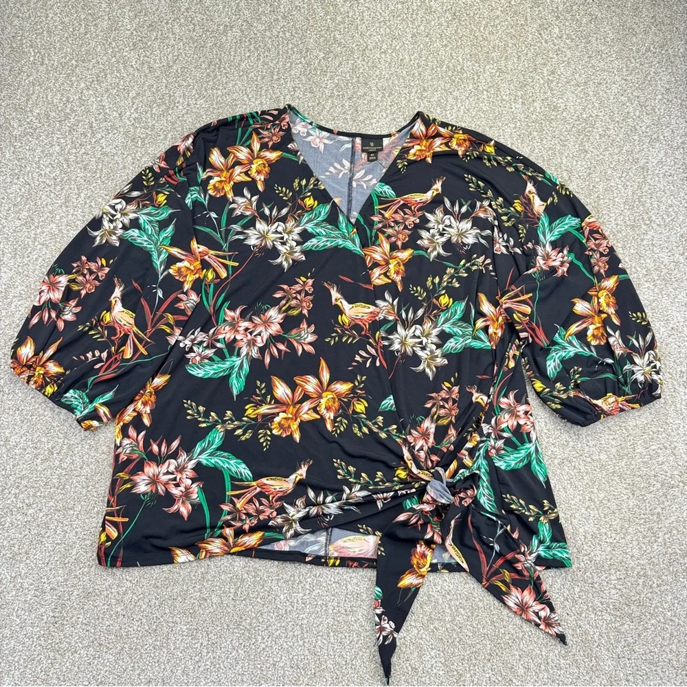 NEW Worthington Black Floral Wrap Blouse Womens Size 4X Stretch - Picture 2 of 16